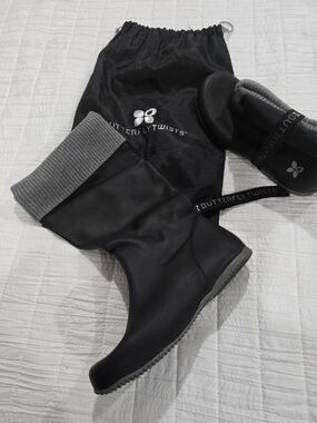 Butterfly Twists Black Mid-Calf Rain Boots with Gray Knit Cuff
